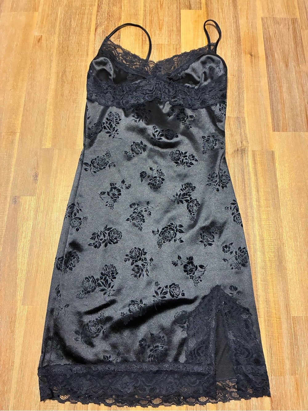 Motel Rocks Black Satin Floral Burnout Lace Trim Slip Dress